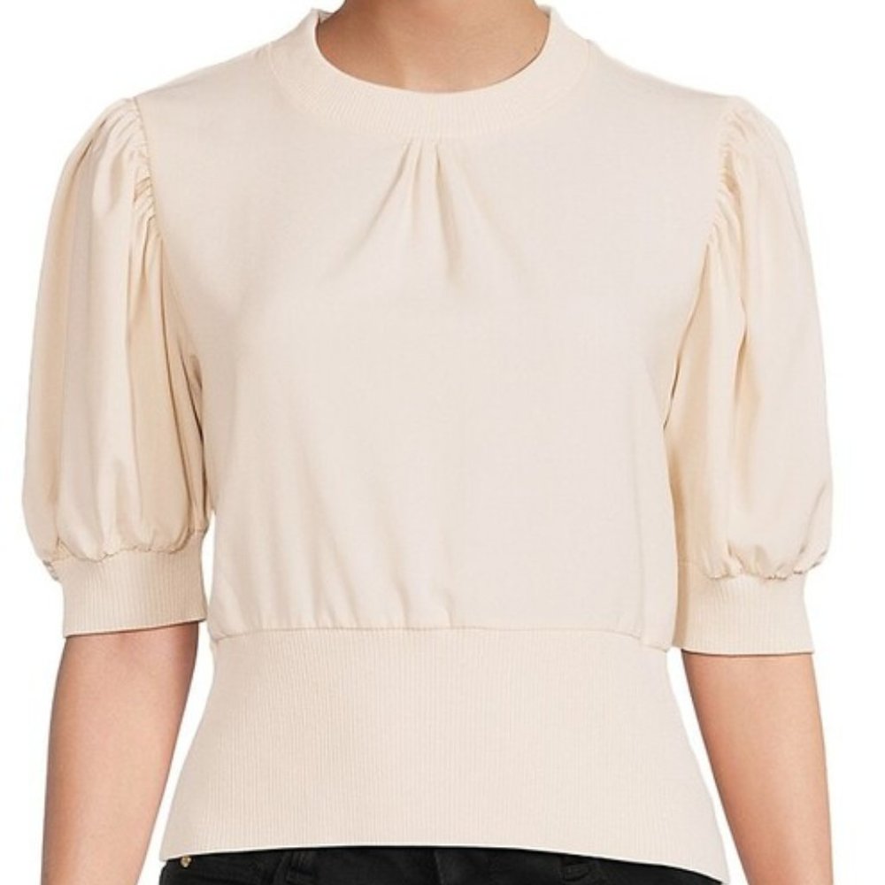 Brand New French Connection Women's Jenna Rib Trim Puff Sleeve Top